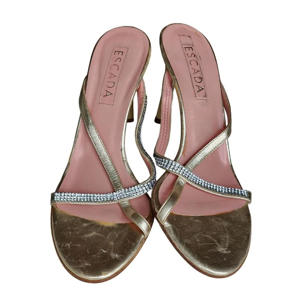 ESCADA Gold Rhinestone Sandals Stiletto Heel Size 39.5 9